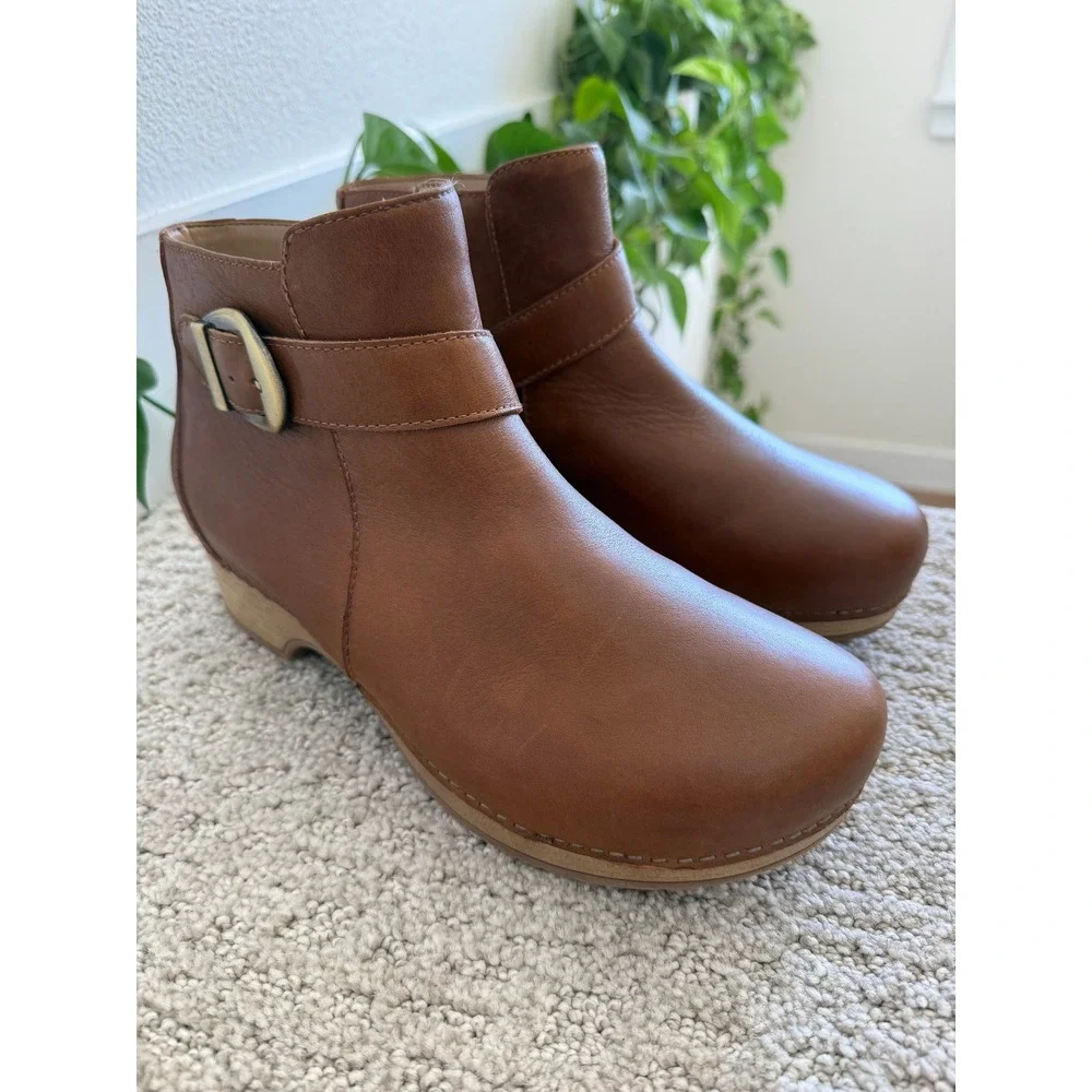 Dansko BRENNAN Leather Ankle Boots Women‎ 11 Tan Buckle Side Zip Clog